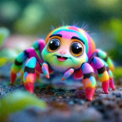 The primary subject of the image is a colorful, rainbow-colored spider with a smiling face. The spider is standing on a rock, surrounded by a forest-like environment. The visual style of the image is a digital art or illustration, with the spider's vibrant colors and unique facial expression creating a playful and cheerful atmosphere.
